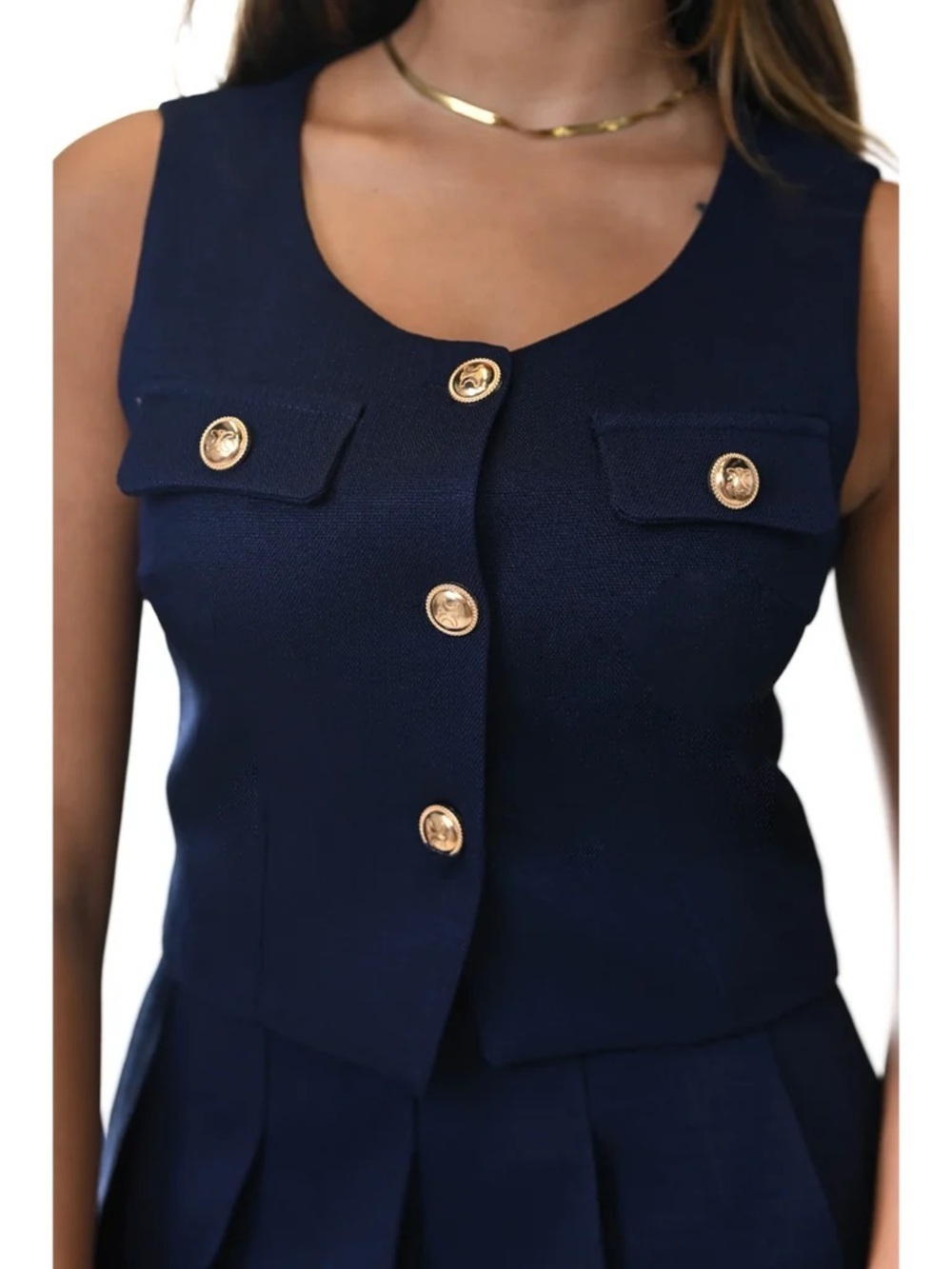 Michael Kors Navy Sleeveless Button Vest with Gold Buttons